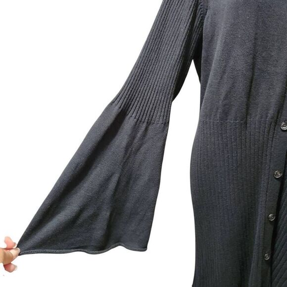Du Jour Black VNeck Button front Ribbed Sweater Dress Flared Sleeve Boho XL - Picture 2 of 10